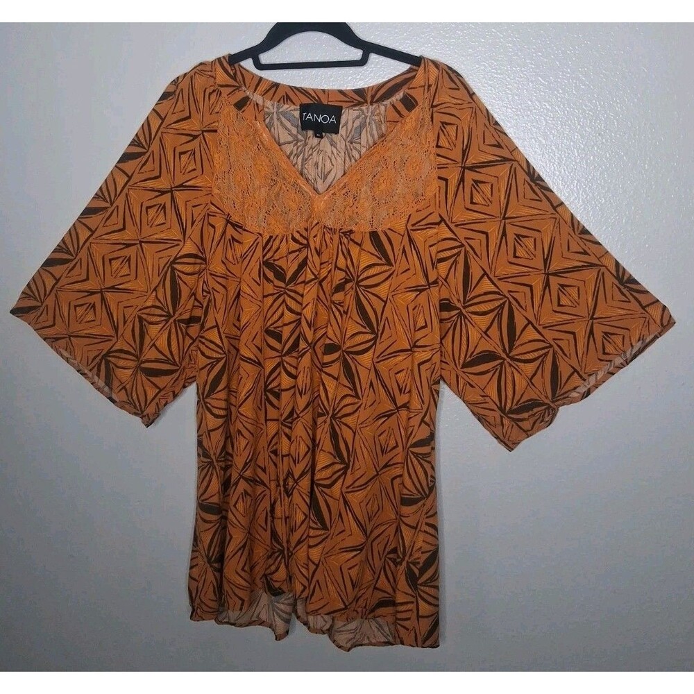 Tanoa Blouse Brown Orange Lace V-neck Short Sleeve Geometric Tropical Beach XL